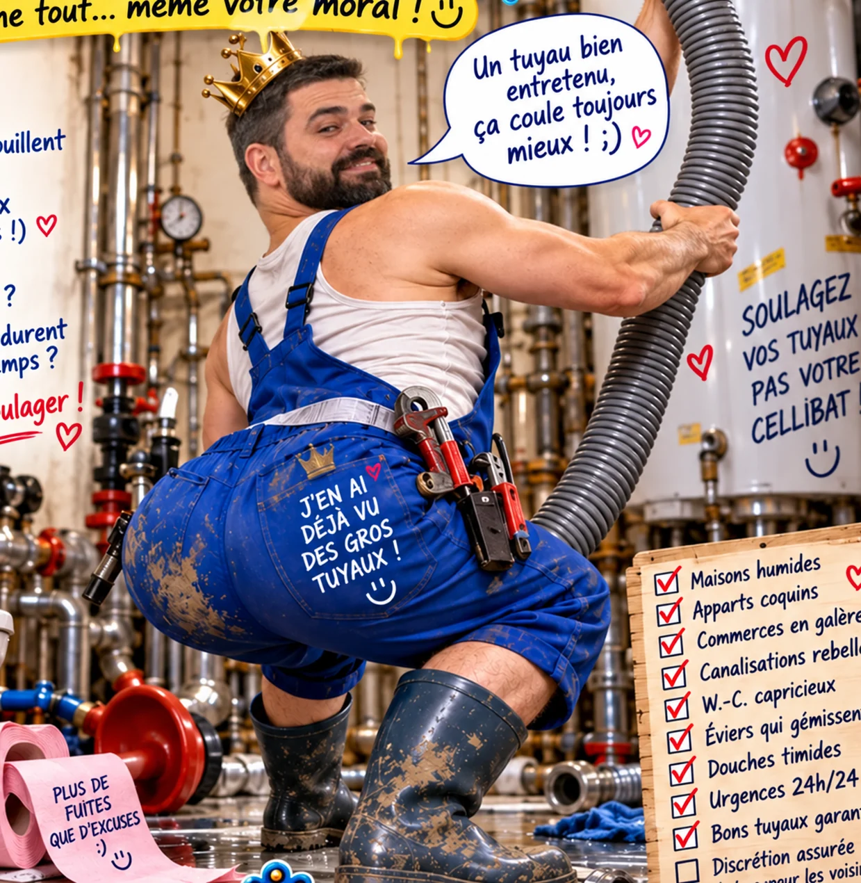 Photomontage humoristique : le plombier de Golene en salopette bleue avec un gros tuyau